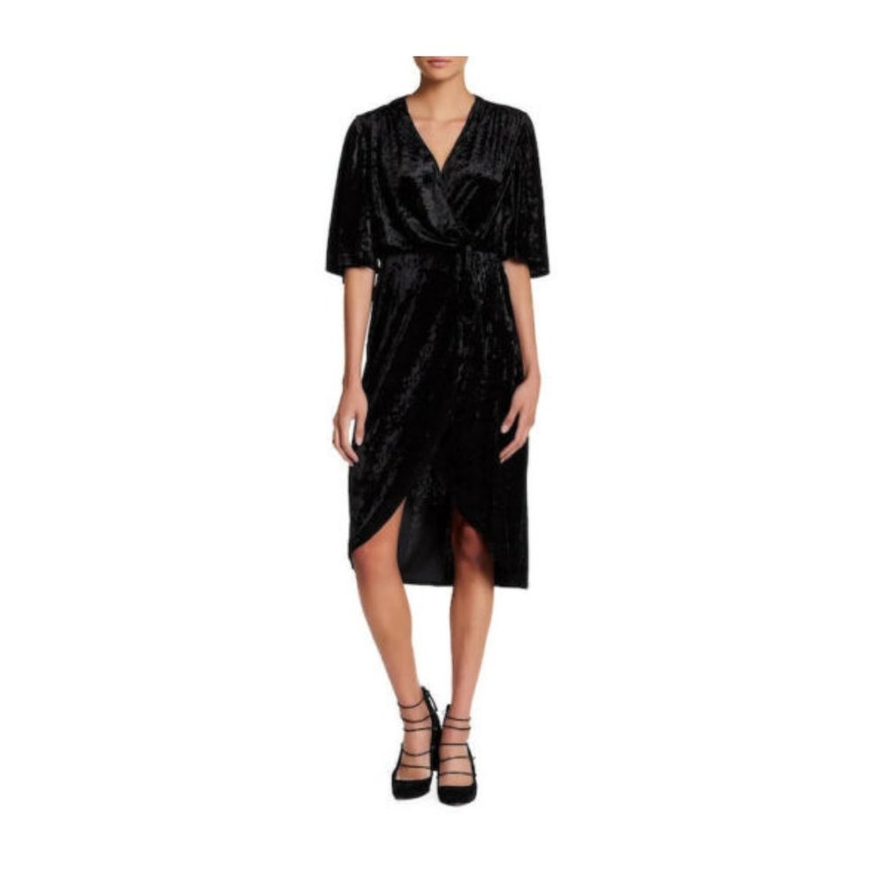Flutter Sleeve Velvet Wrap Dress Black - Size L